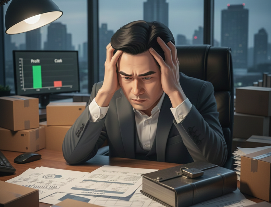 在庫の山積みに悩む経営者